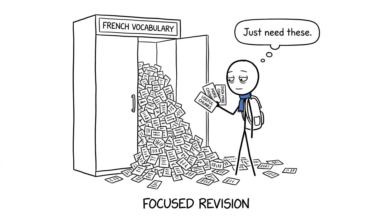 A student choosing useful French phrases from a vocabulary avalanche