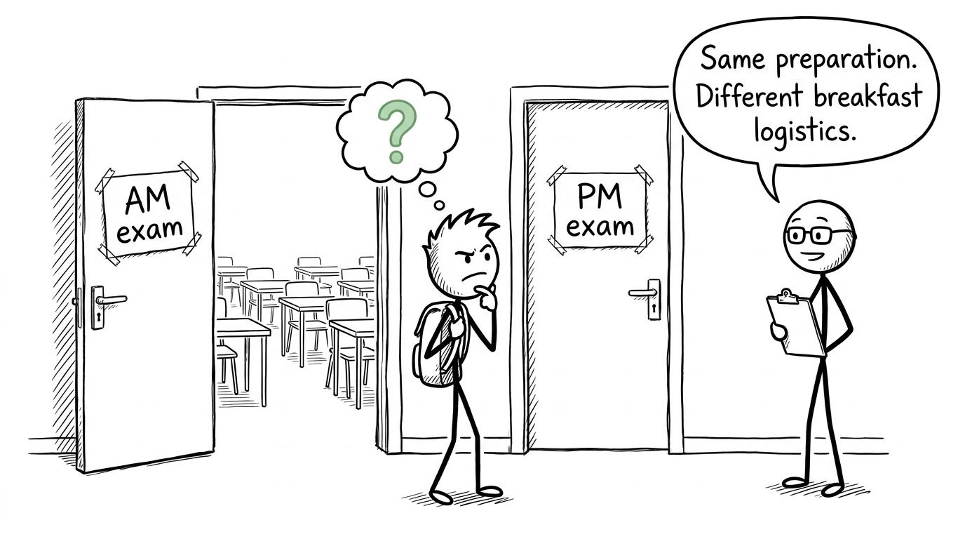 Morning and afternoon exam doors leading to the same exam hall