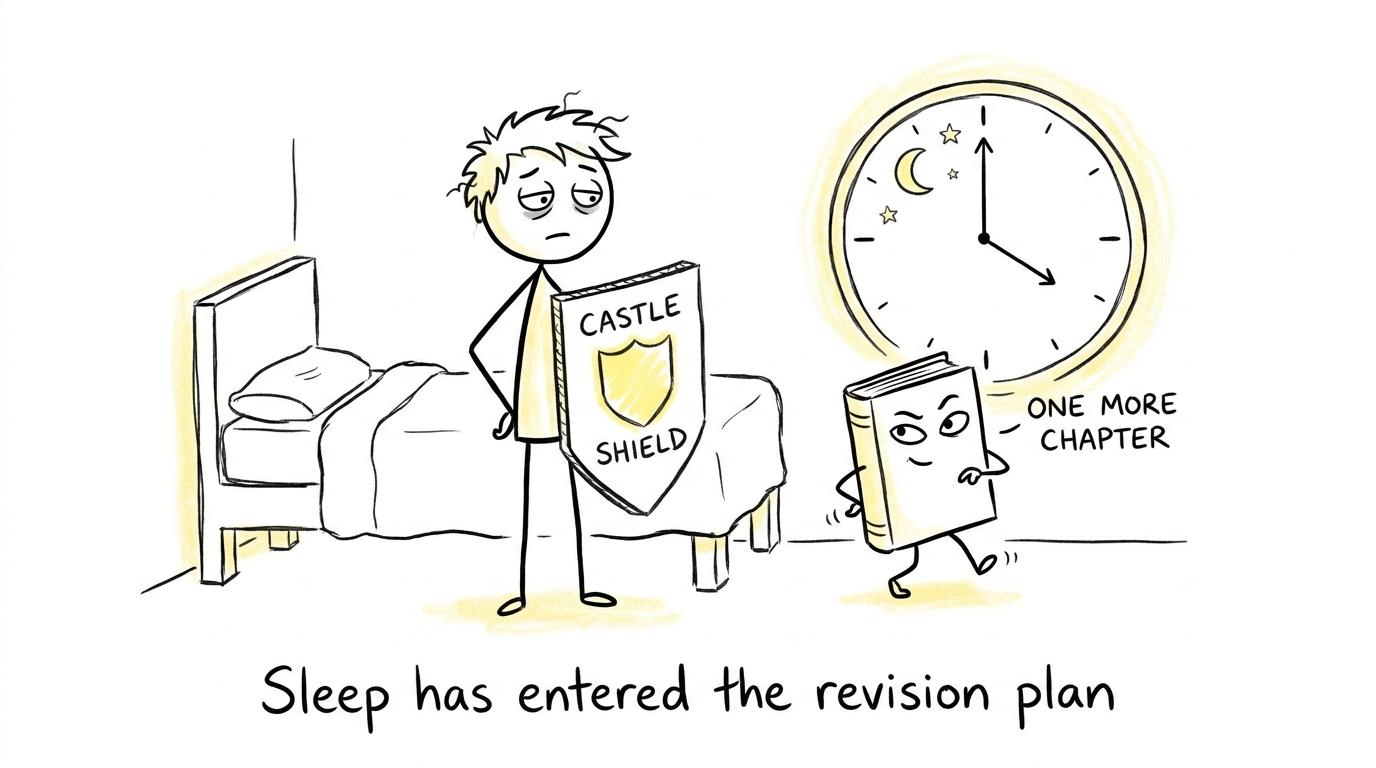 A student protects bedtime from a book demanding one more chapter