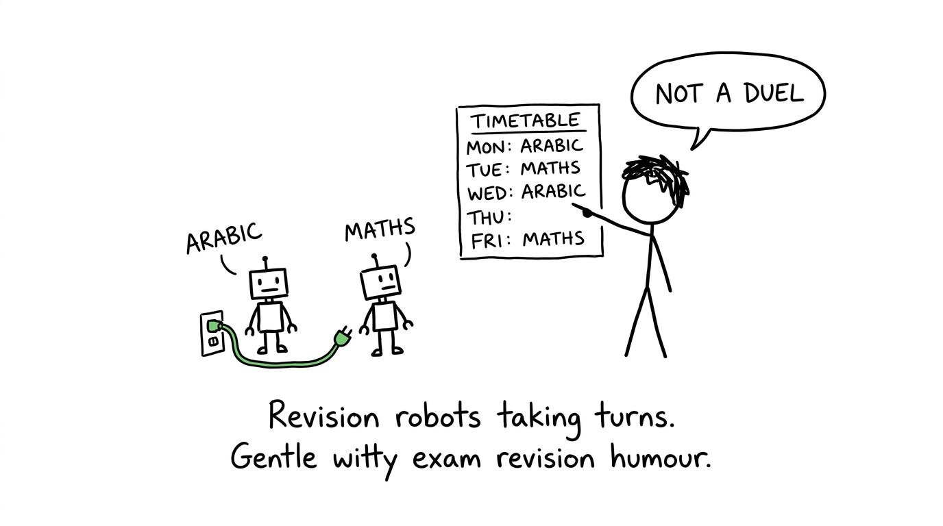 Two revision robots taking turns to recharge beside a timetable