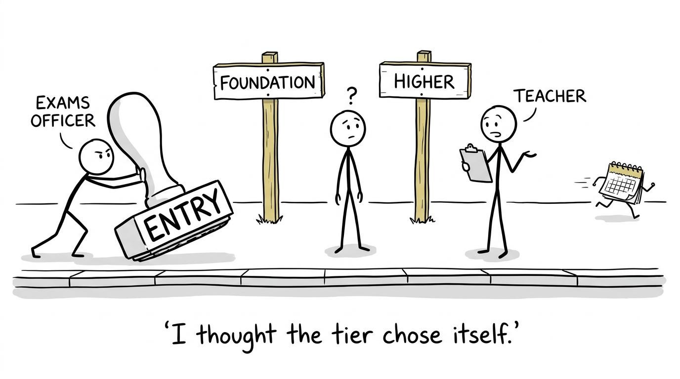 A student waits between Foundation and Higher while an exam-entry calendar escapes