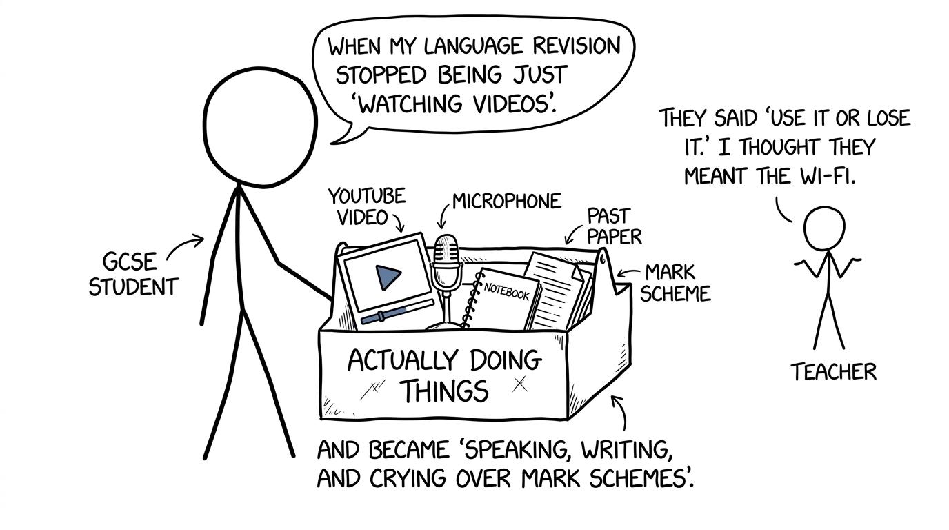 A video placed in a revision toolbox beside a microphone, notebook and past paper