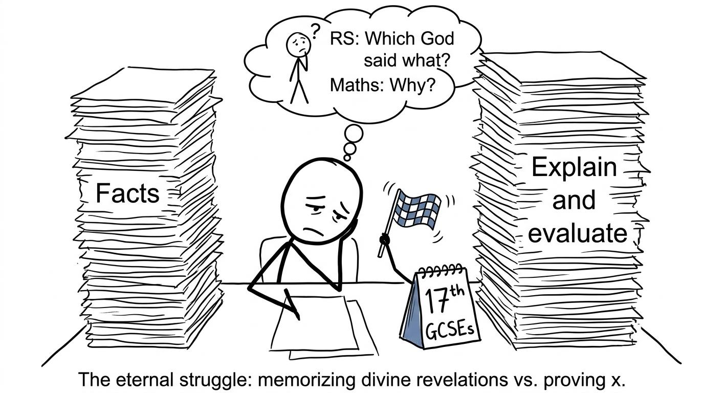 A student balancing Religious Studies knowledge and evaluation during GCSE revision