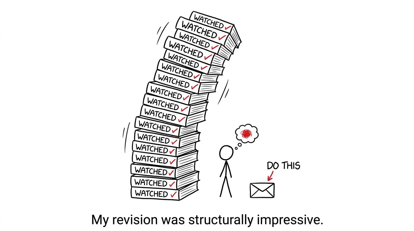 A huge tower of watched videos beside one unopened practice paper