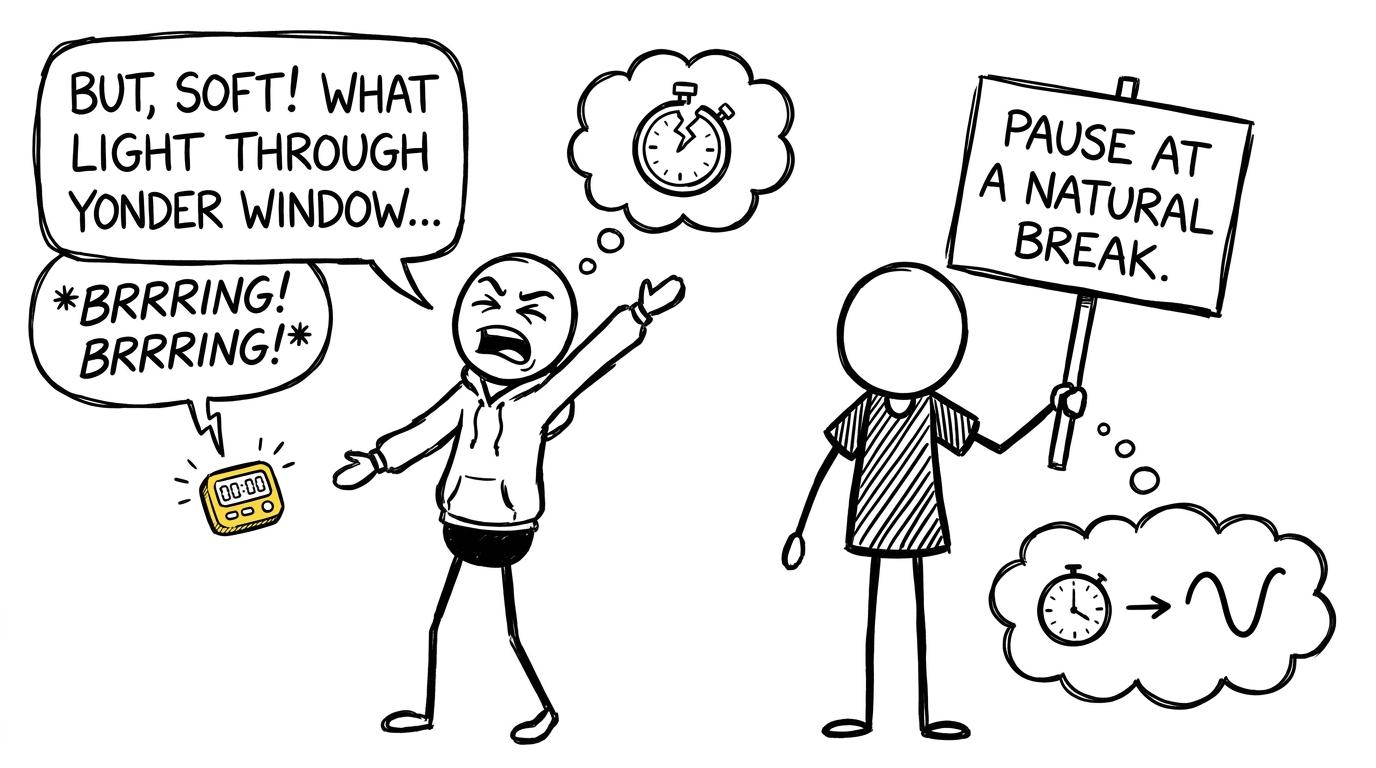 A timer interrupts a dramatic monologue while another student recommends pausing at a natural break