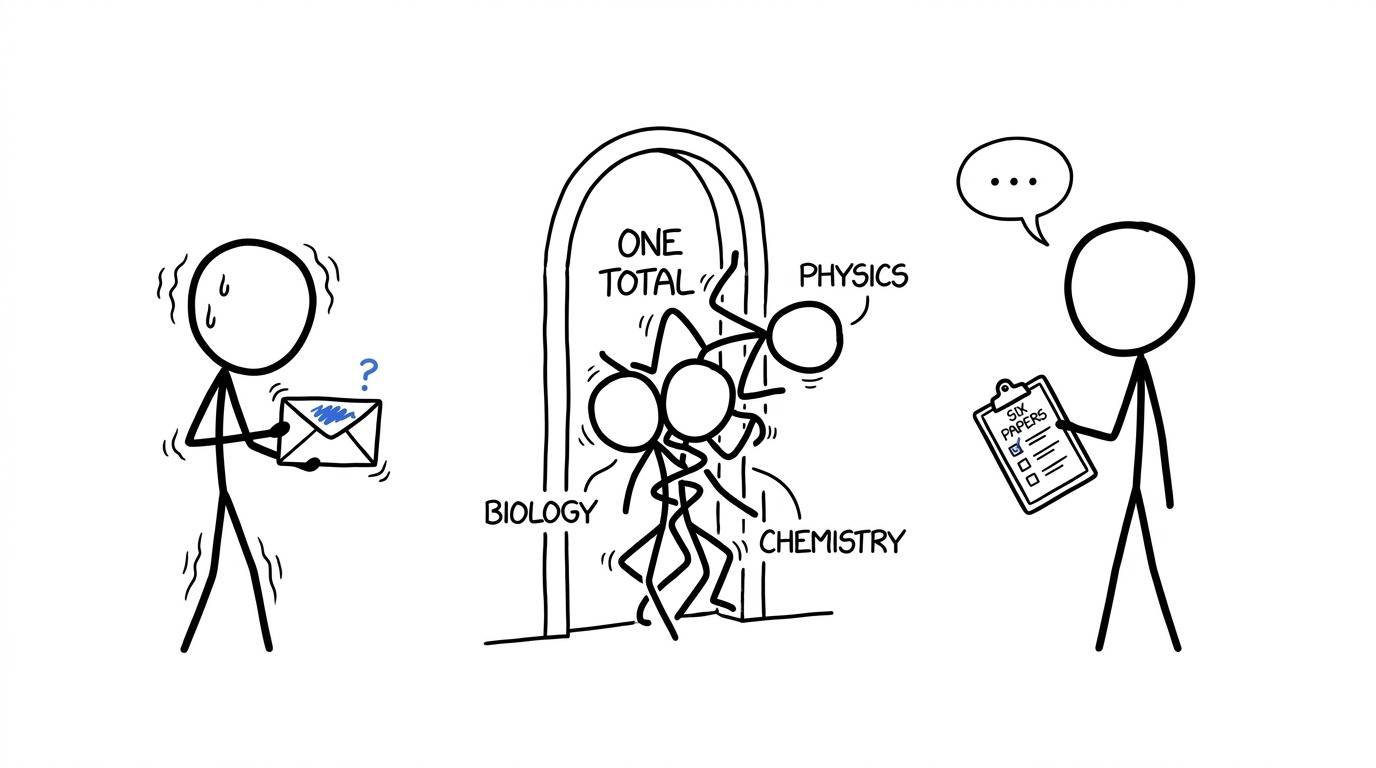 Three science subjects squeezing through one doorway marked one total