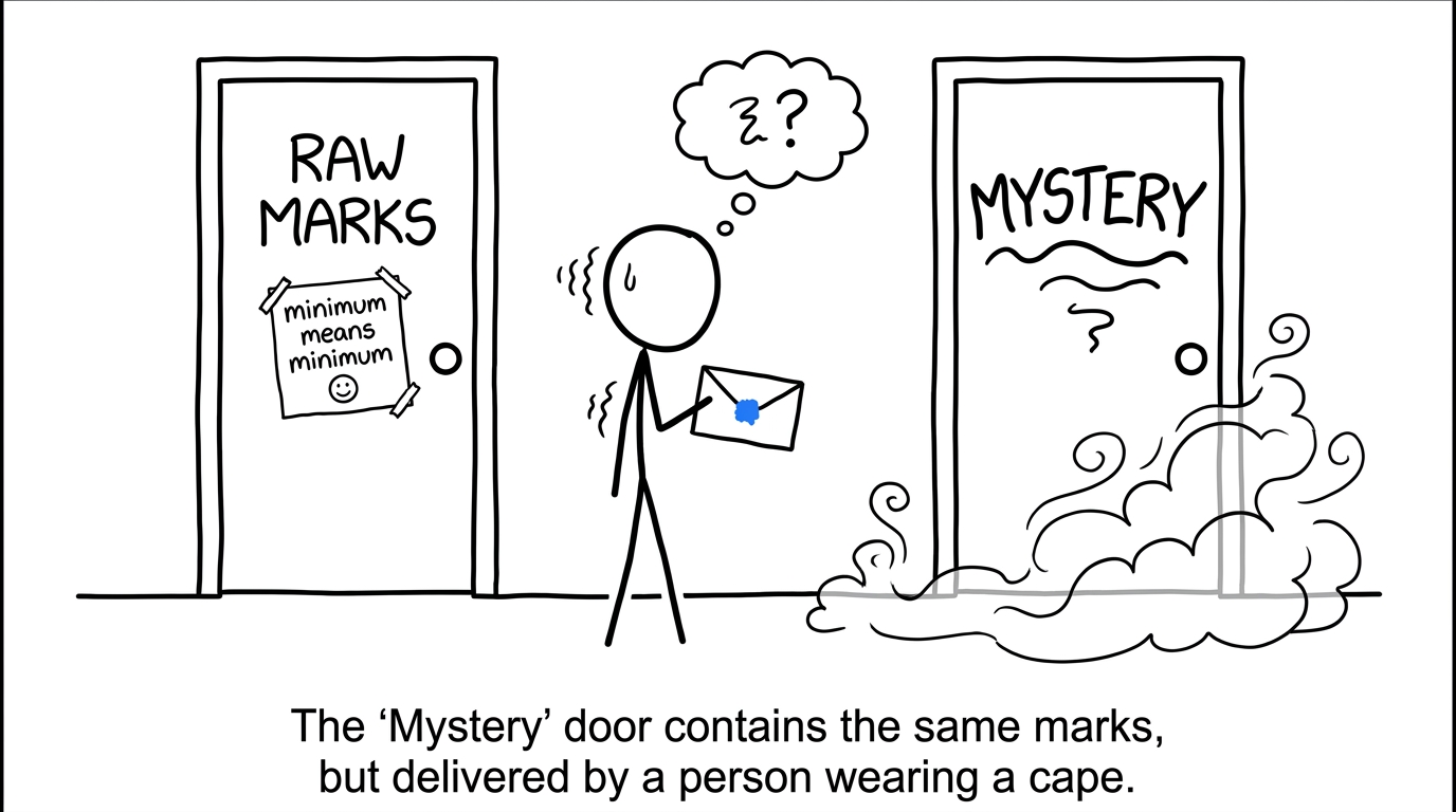 A nervous student choosing between raw marks and mystery