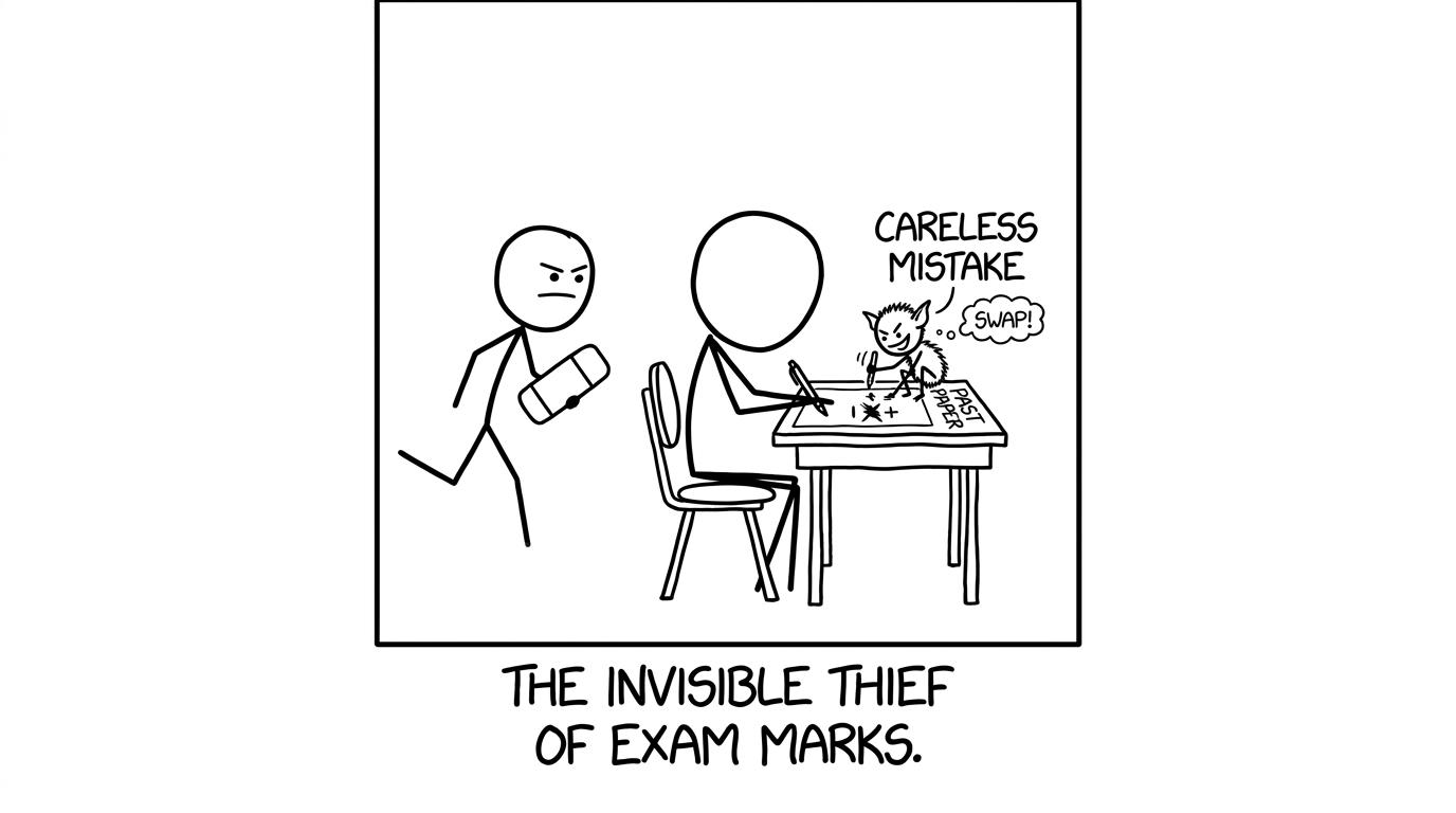 Careless mistake gremlin swapping signs on a paper