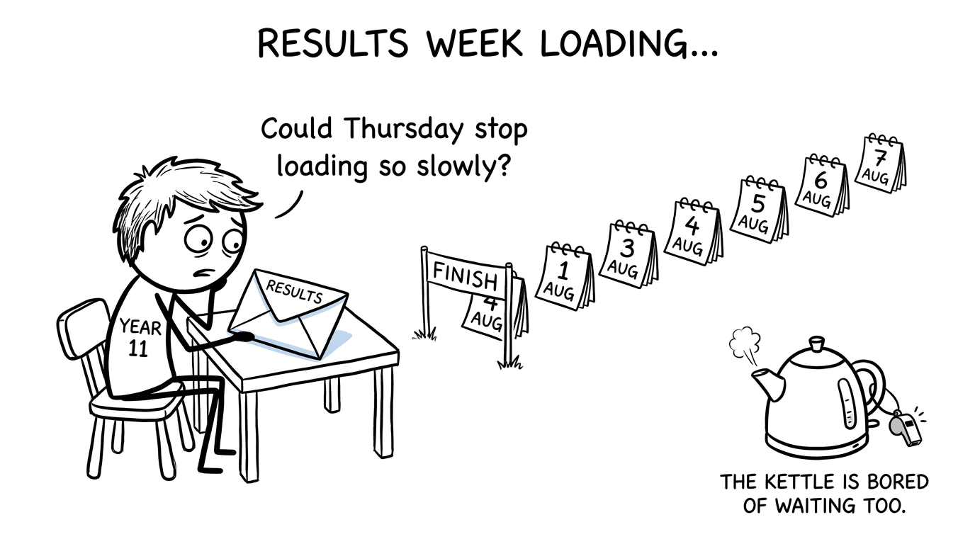 A student waits for GCSE results day while calendar pages queue