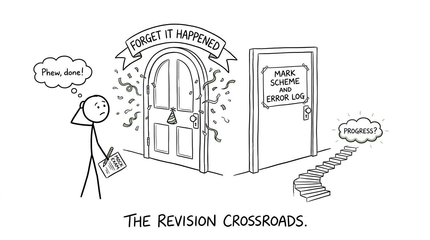 A student chooses between forgetting a mock and reviewing the mark scheme