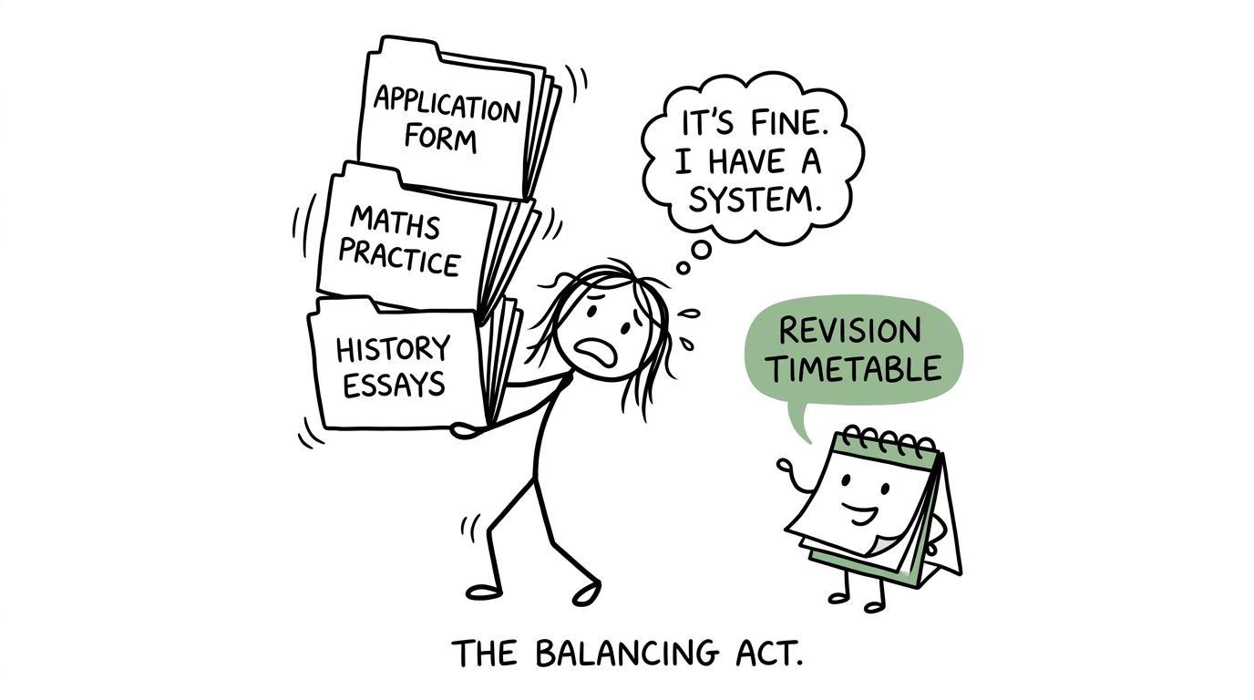 A student balancing History, maths and an application while a calm calendar offers help