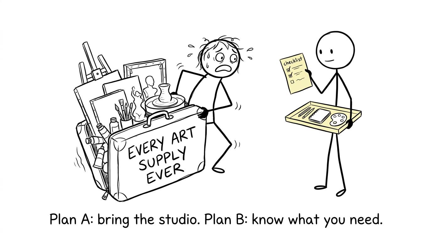 A student chooses between packing the entire art studio and using a sensible checklist
