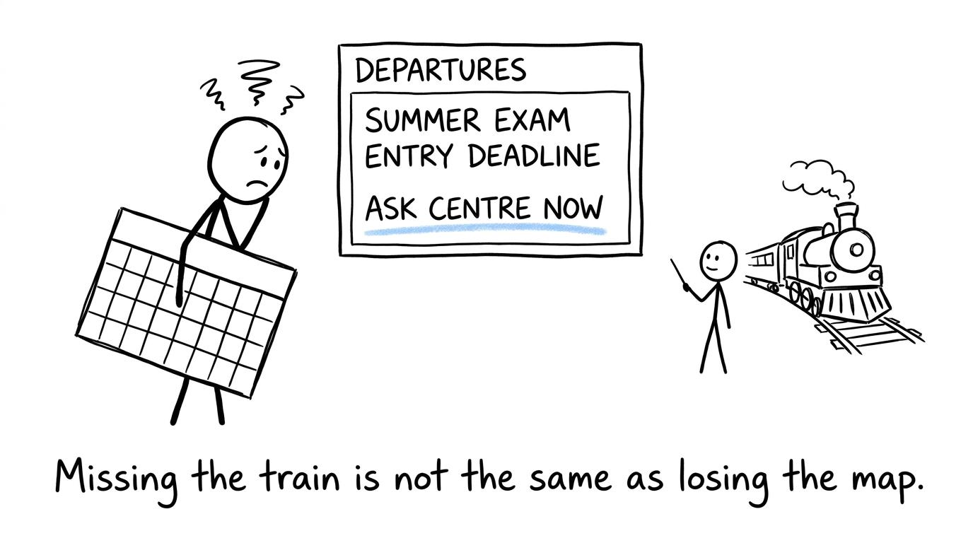 A student consults an exam deadline departures board