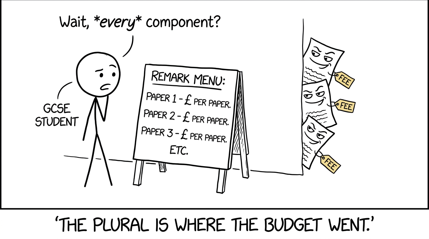 Three exam papers revealing that review fees are charged per paper