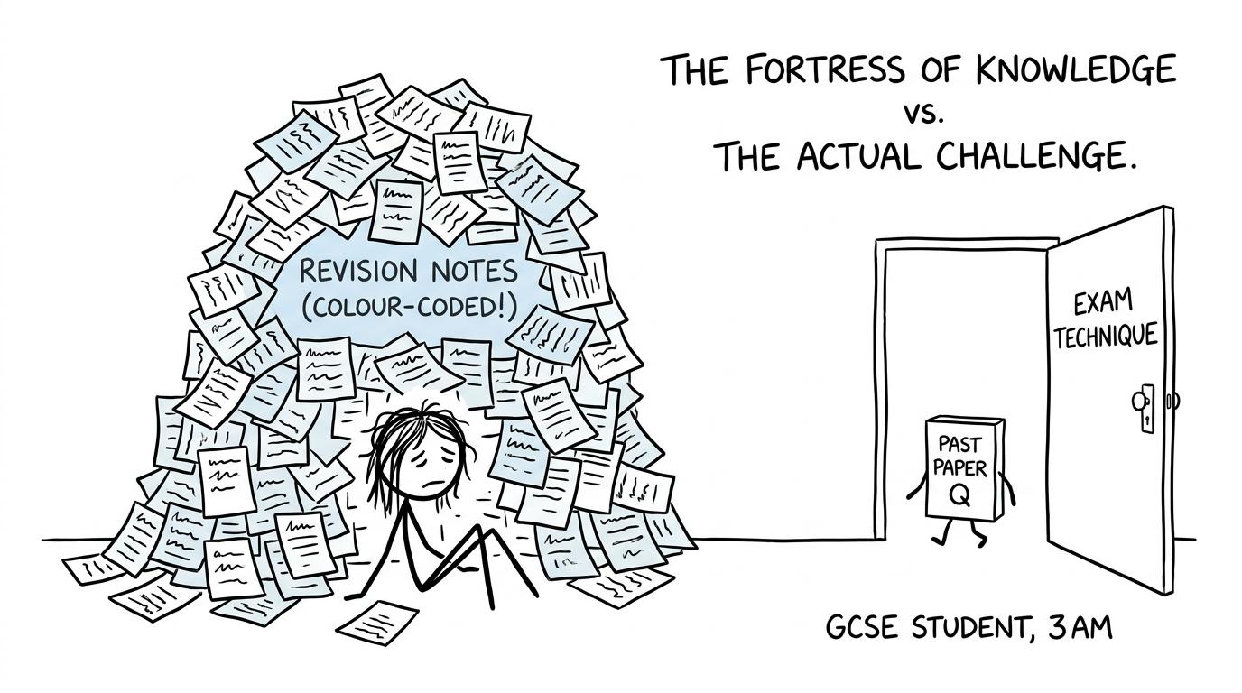 A revision-note fortress fails to stop an exam-technique question