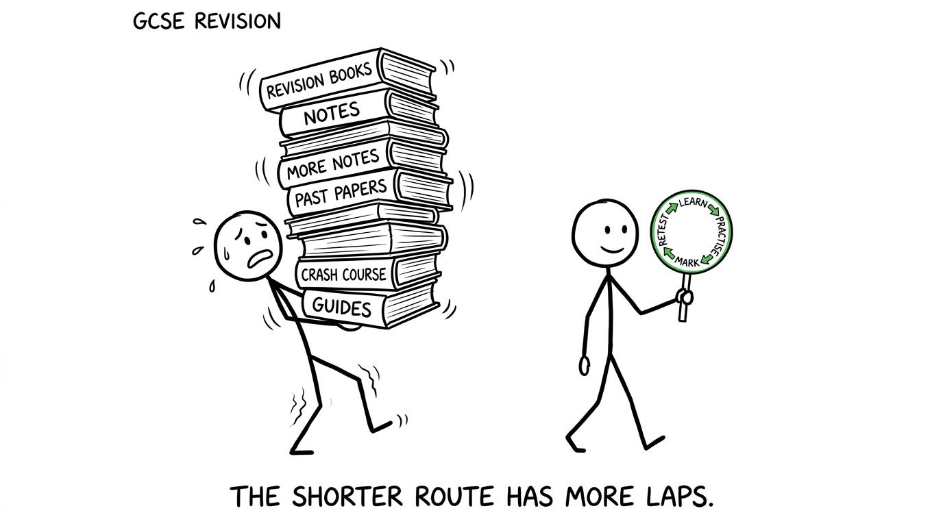 One student carries too many books while another follows a small repeatable revision loop