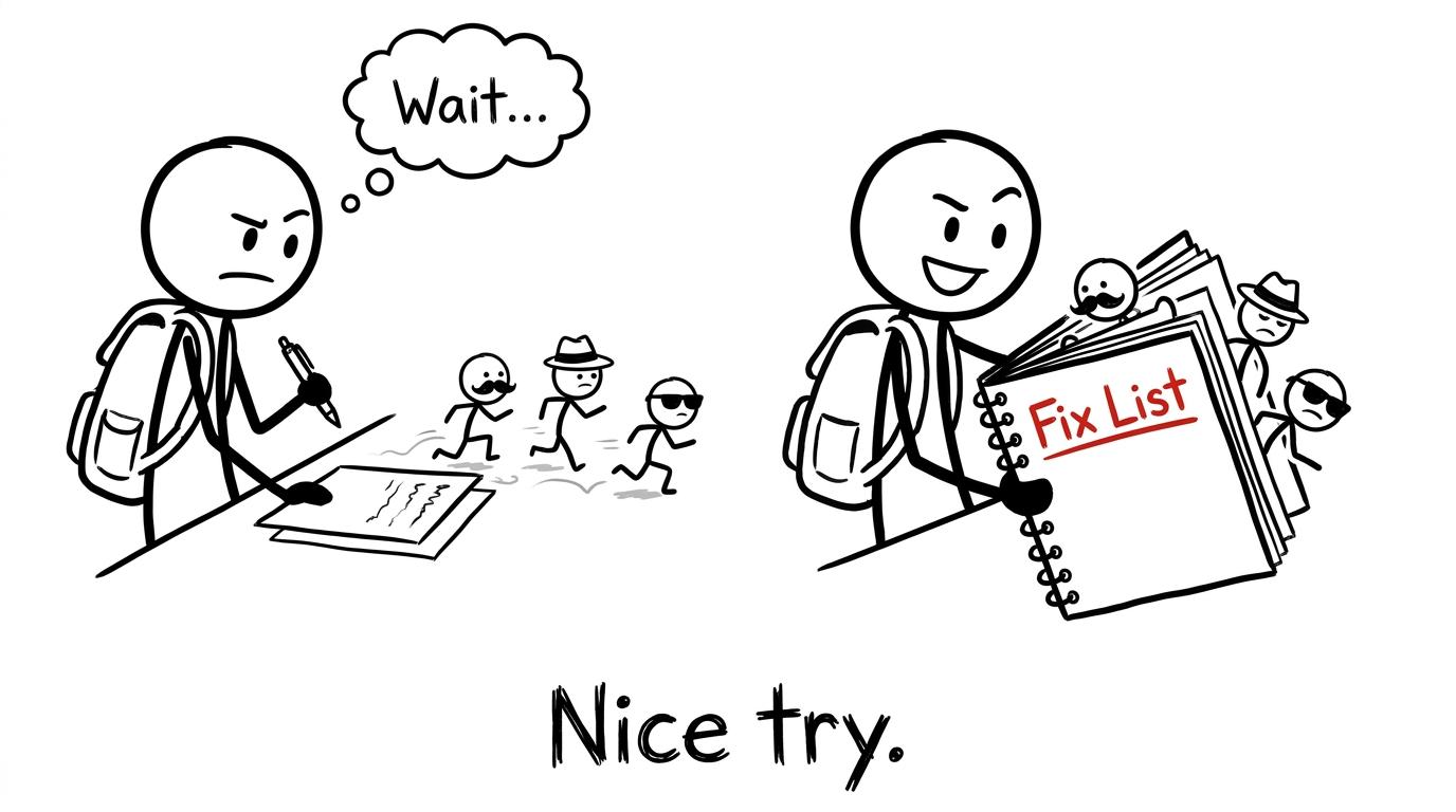 A student catches escaping mistakes in a fix list