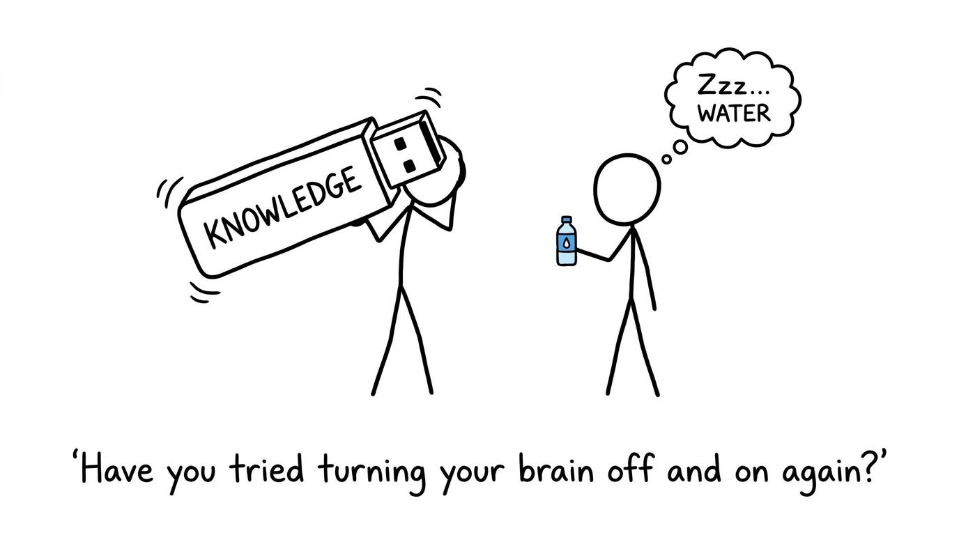 A stick figure trying to plug knowledge in like USB