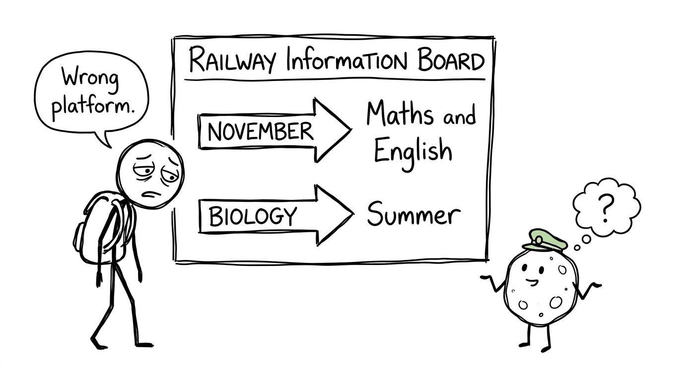 A student discovers that Biology and the November exam series are on different platforms
