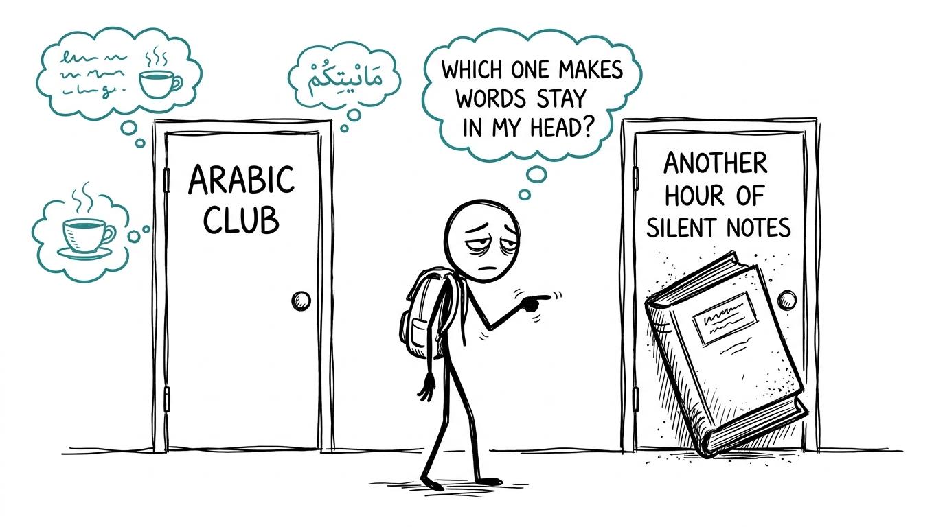 A student choosing between an Arabic club and another hour of silent notes