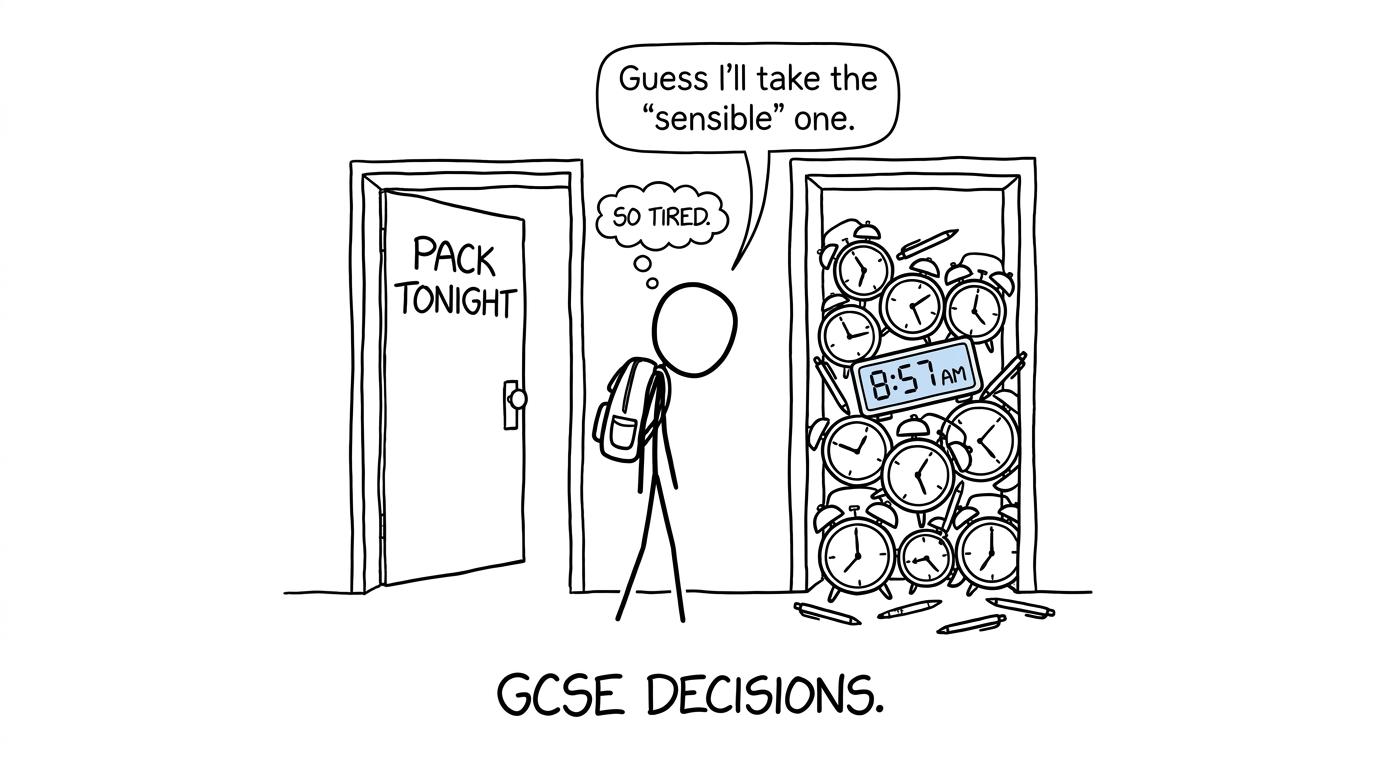A student choosing between packing early and chasing runaway pens just before an exam