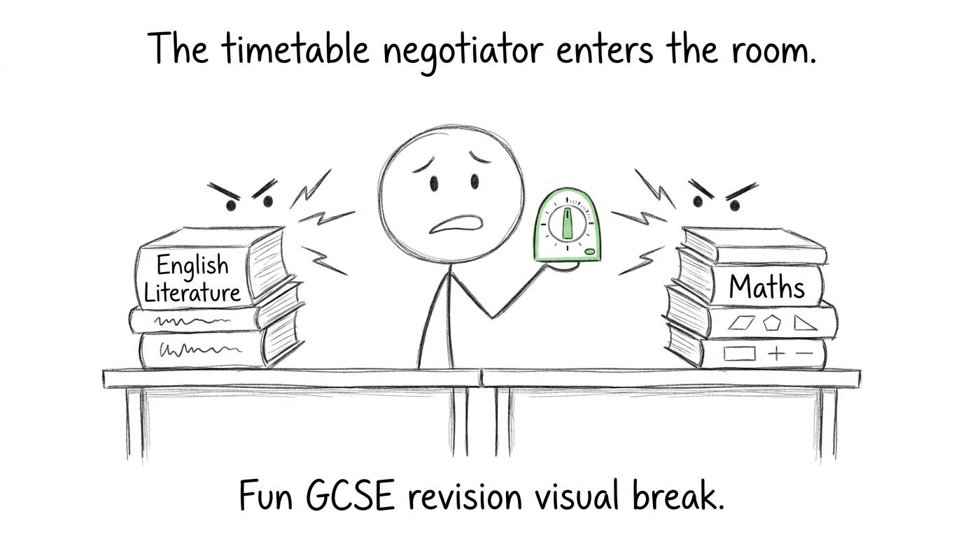 A student uses a timer between jealous piles of English Literature and maths revision