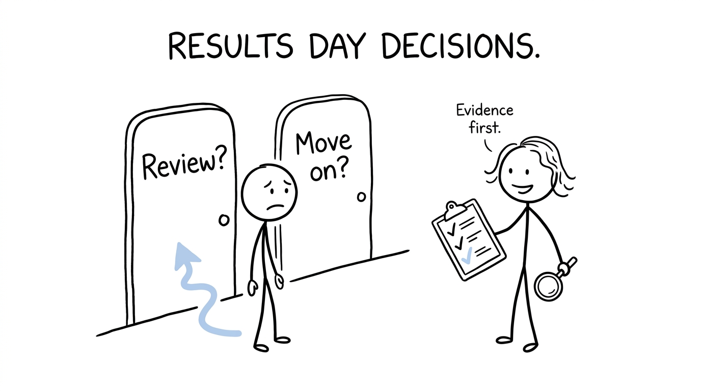 A student choosing whether to request a review with a teacher holding an evidence checklist