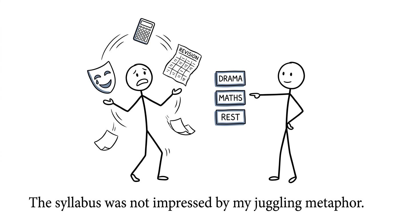 A student juggling Drama, Maths and rest in a revision timetable