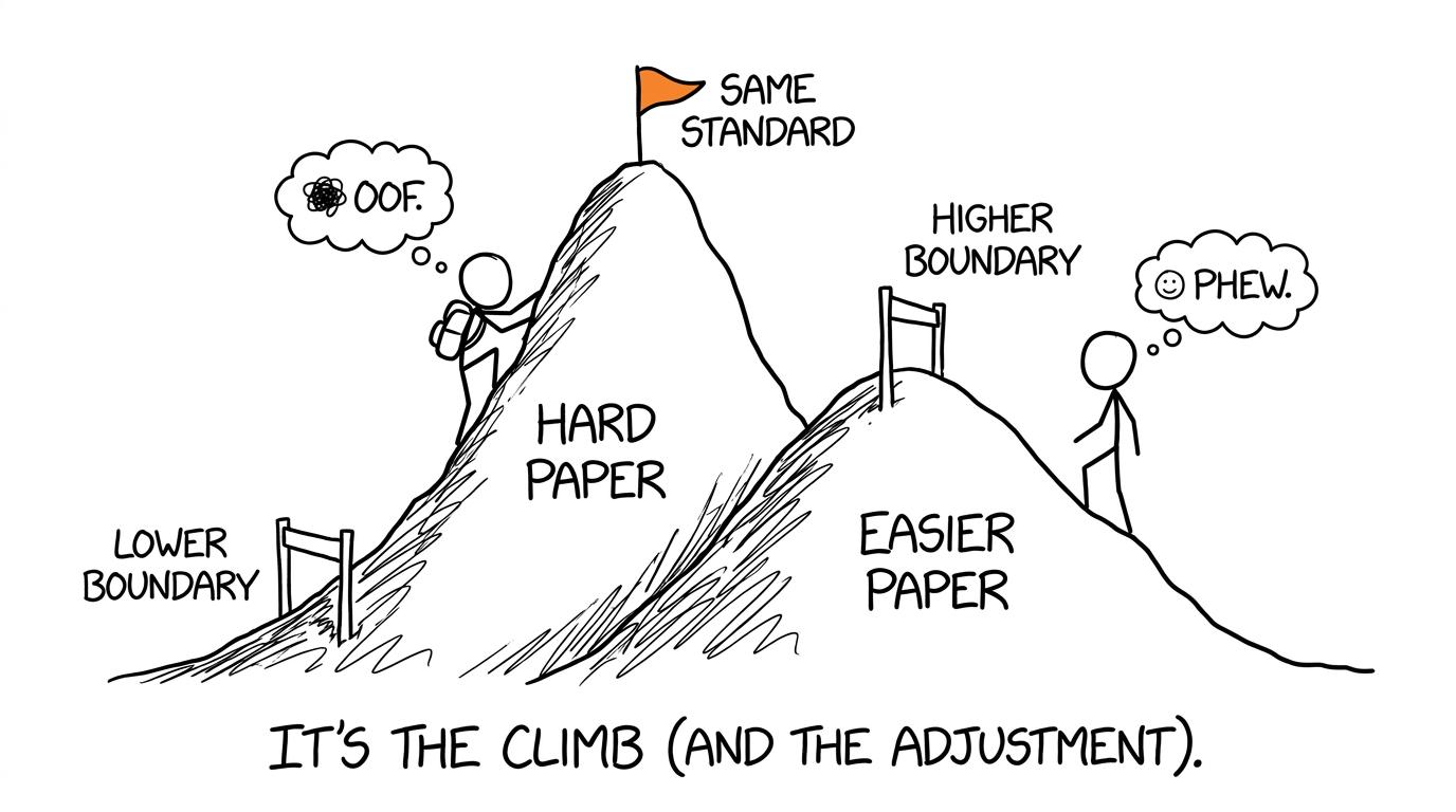 Two students cross different exam-paper hills to reach the same assessed standard
