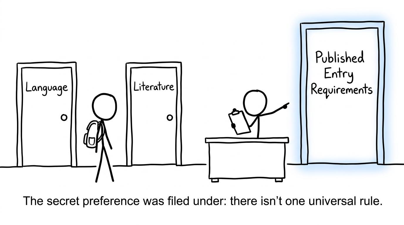 A student discovers that published entry requirements matter more than guessing which English GCSE is preferred