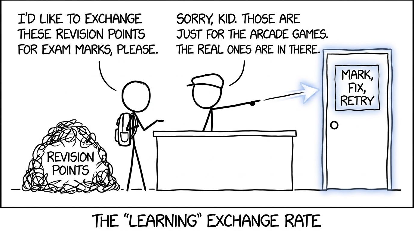 An arcade attendant explains that revision points cannot be exchanged directly for exam marks