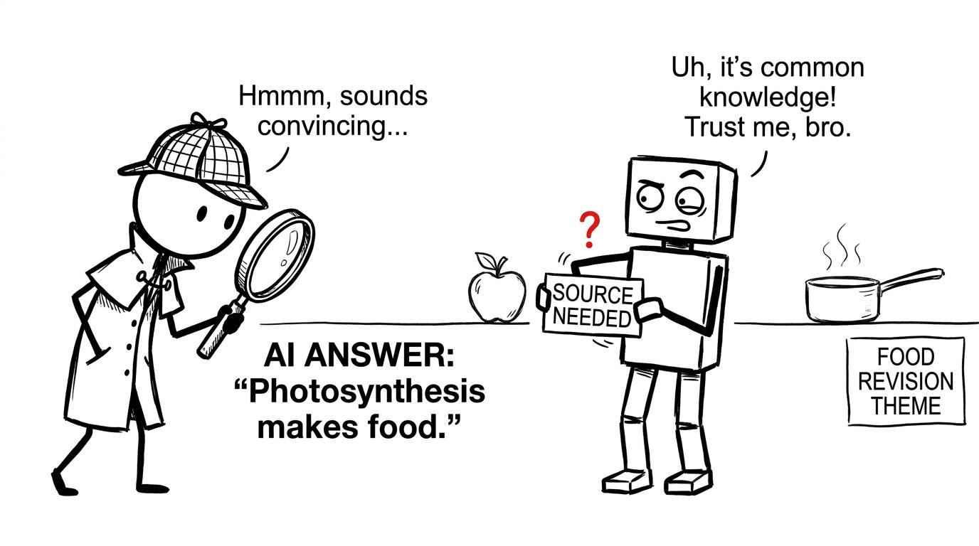 A student detective investigates an AI answer hiding a source-needed label