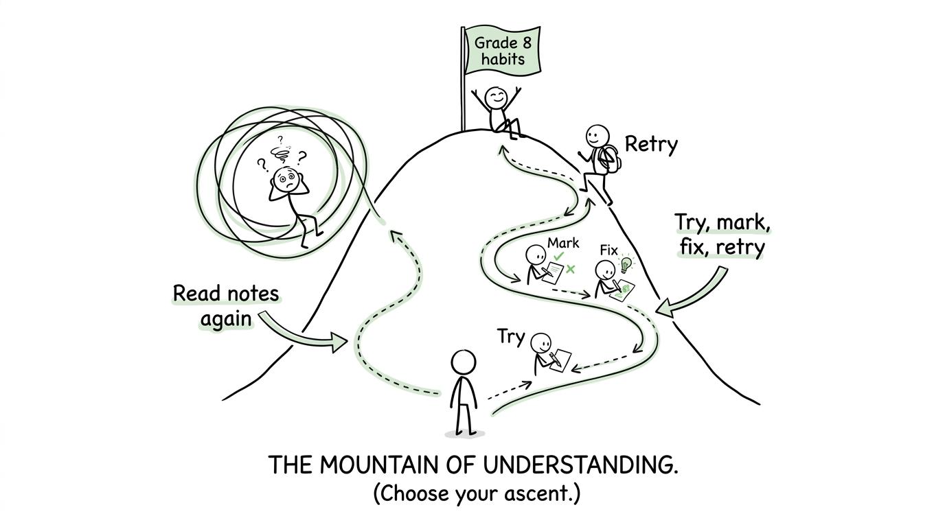 Two revision paths: rereading in circles or trying, marking and fixing
