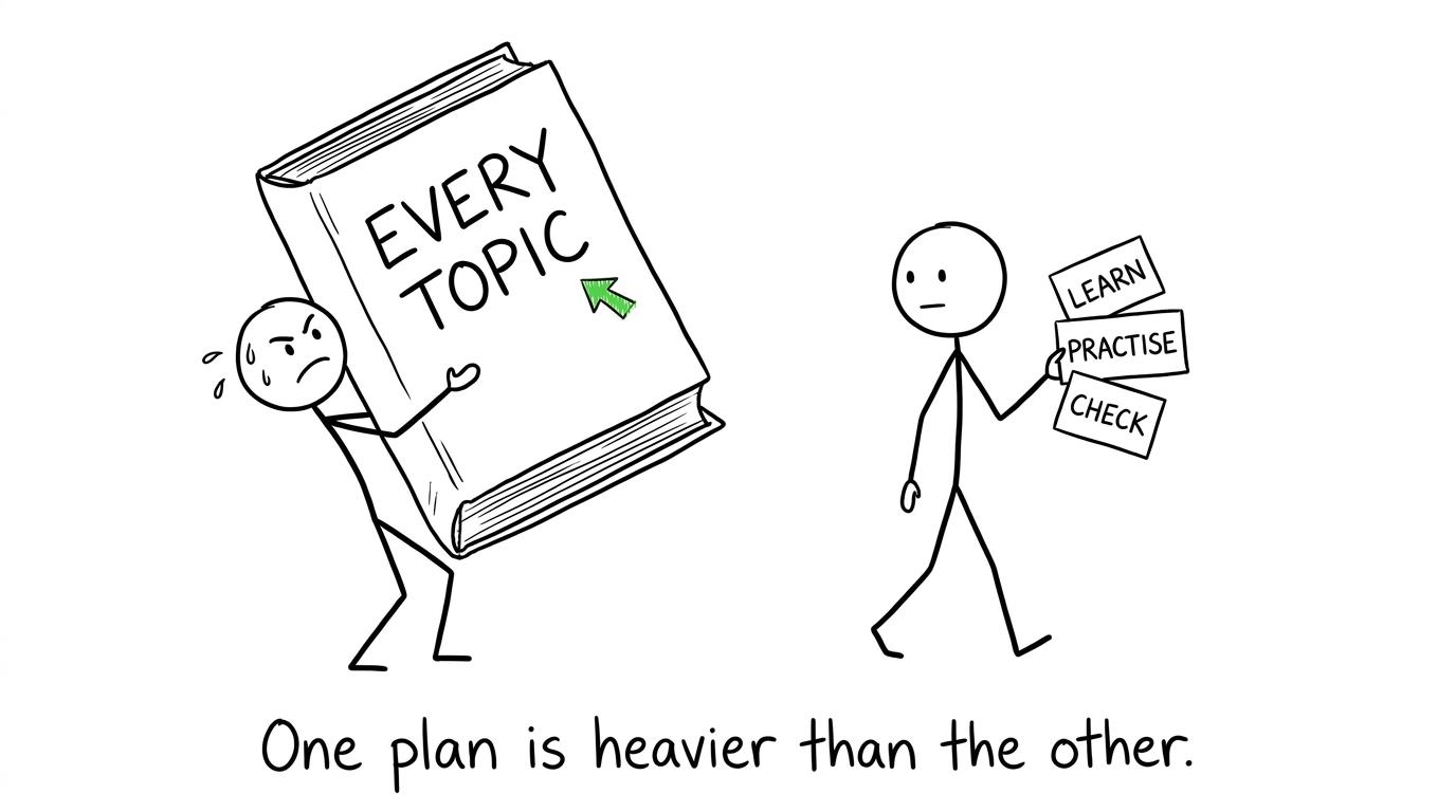 A huge revision book compared with a simple learn-practise-check plan