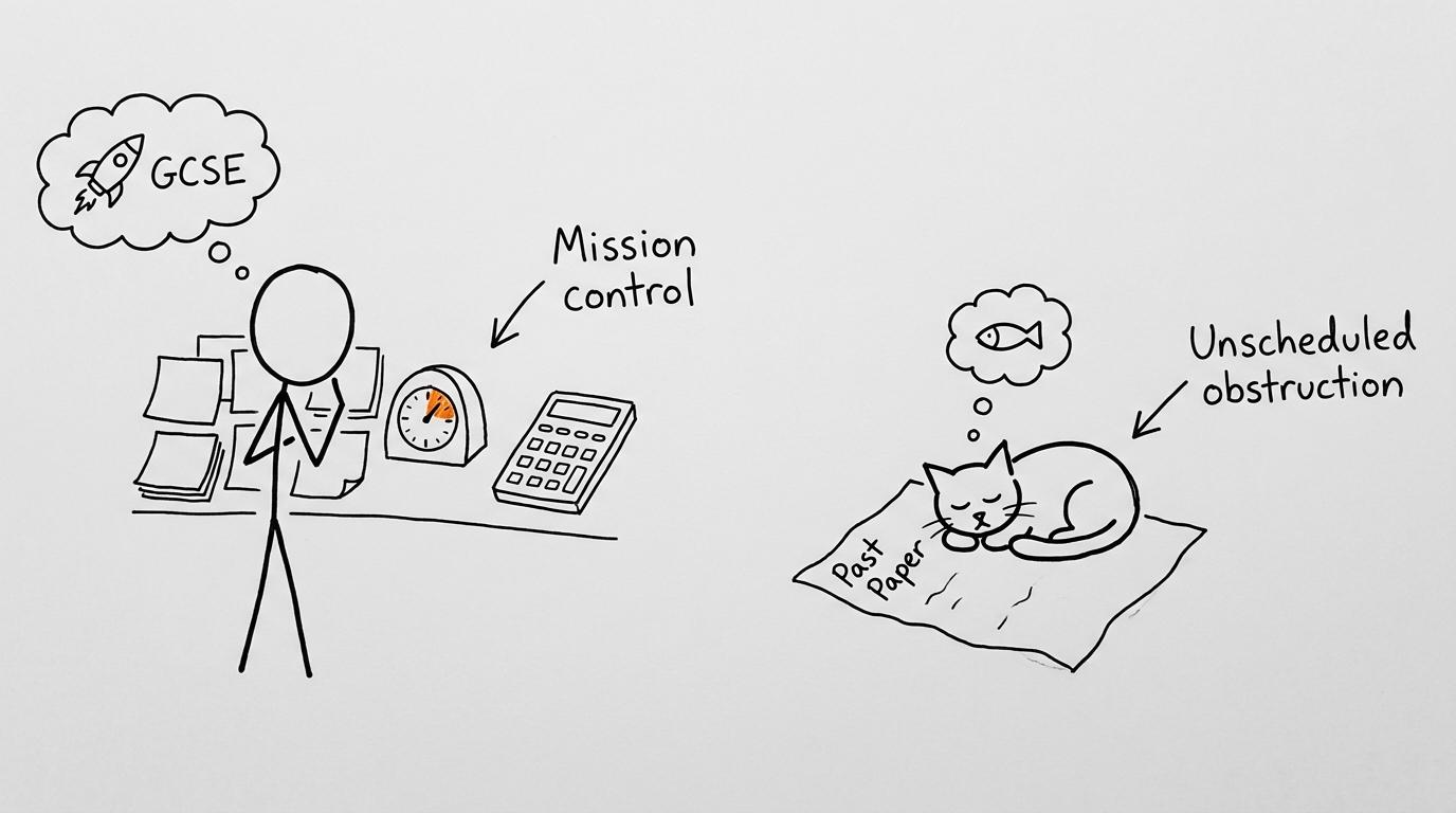 A cat creates an unexpected obstruction at astronomy revision mission control