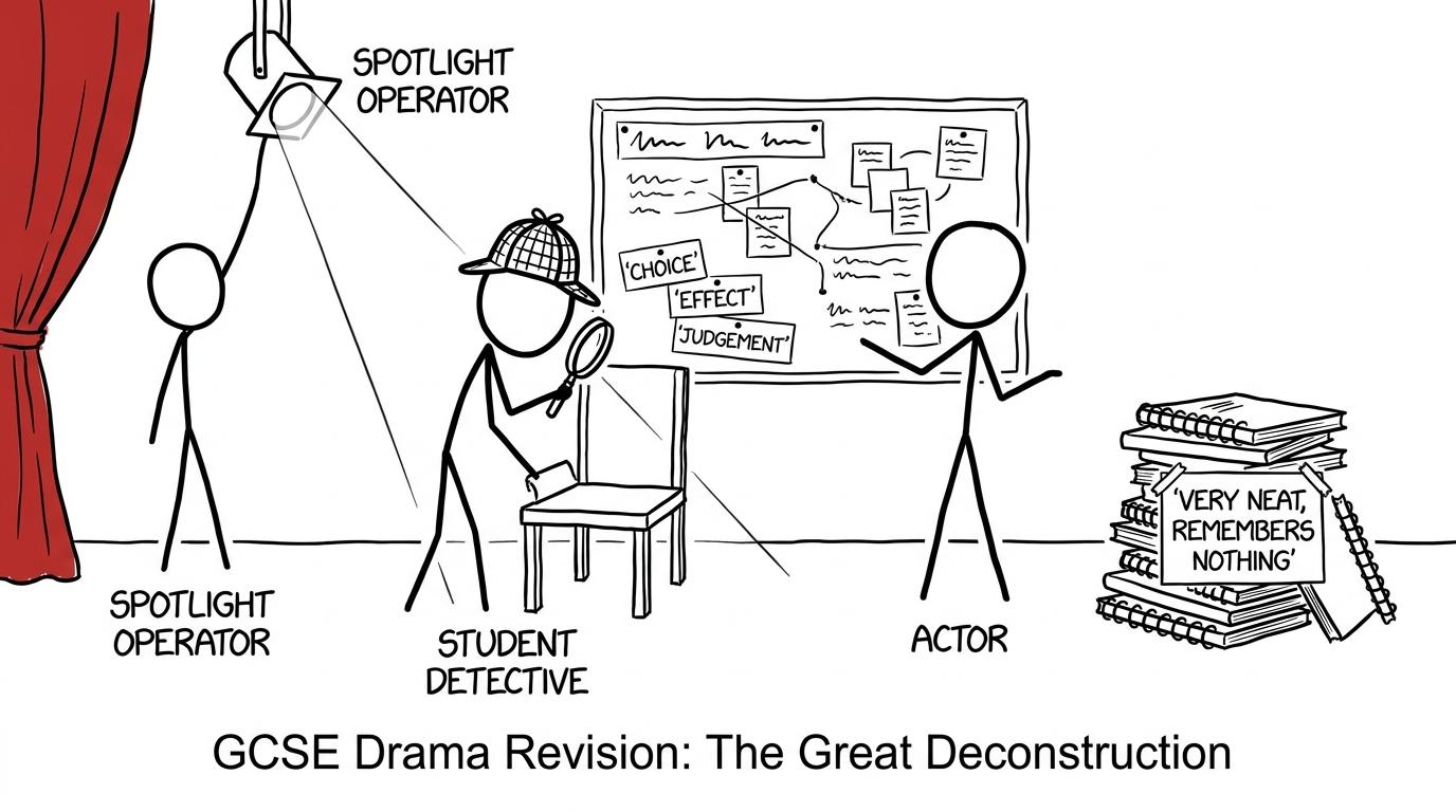 A student detective collects theatre clues labelled choice, effect and judgement while decorative notebooks sit unused