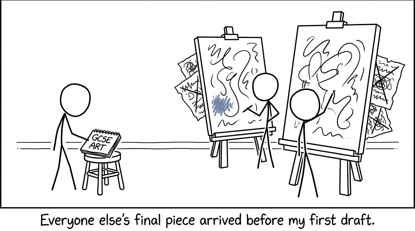 A student compares a small draft with classmates' giant canvases while their messy pages remain hidden