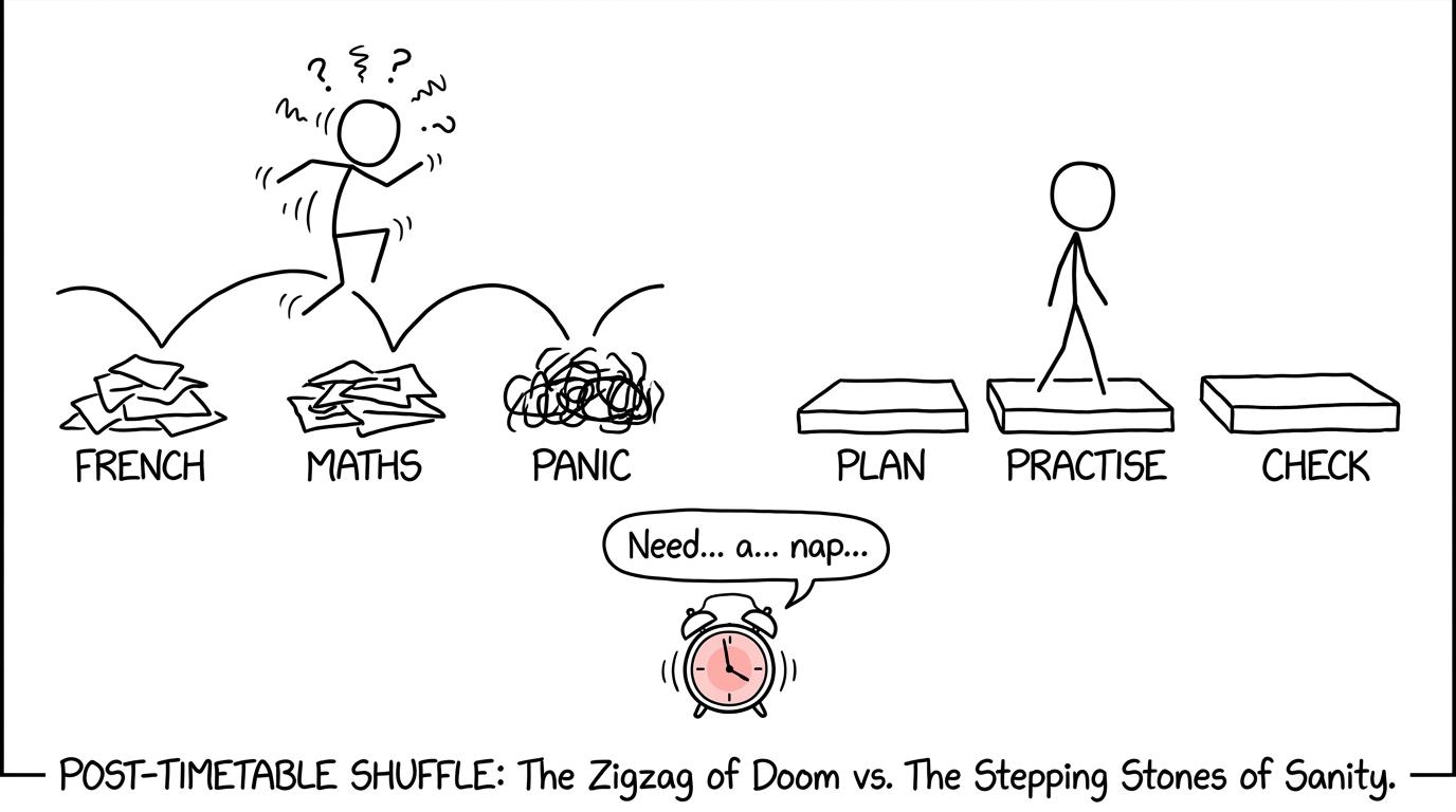 One student zigzags between French maths and panic while another follows plan practise and check stepping stones