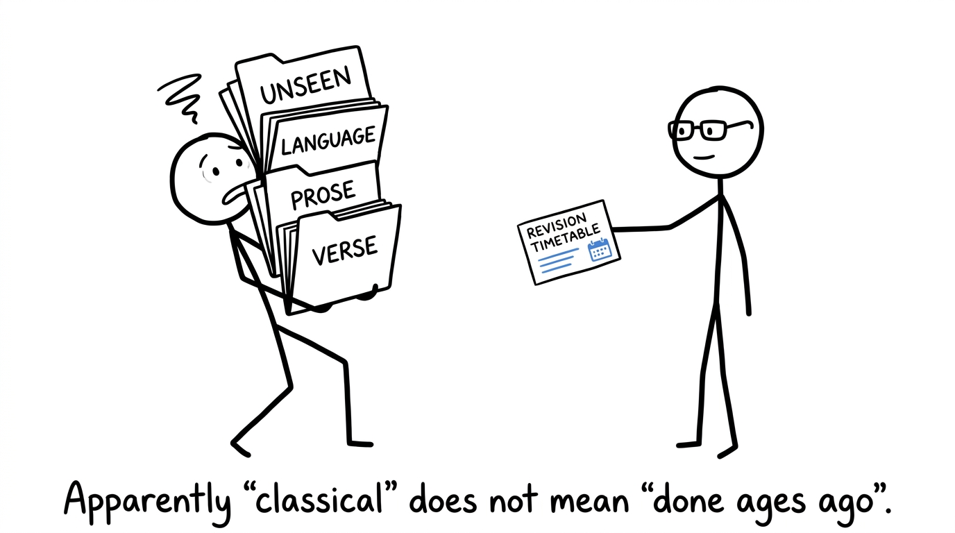 A student discovers that four Classical Greek papers require a timetable rather than a heroic last stand