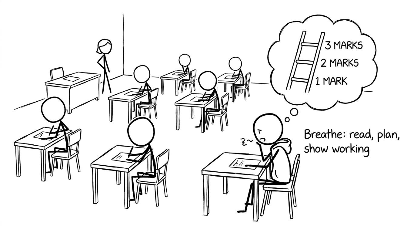 Exam hall scene where a student focuses on breathing and collecting method marks