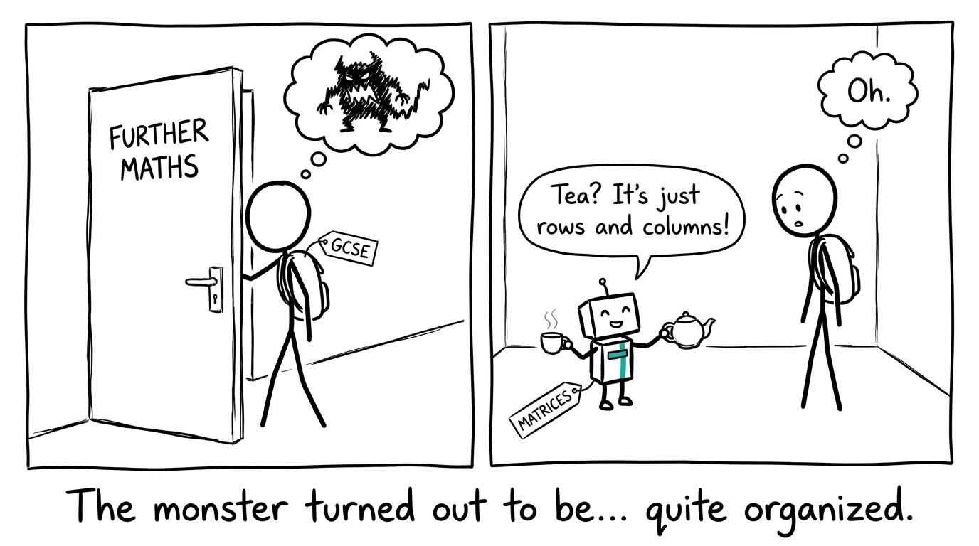 A student discovers that the Further Maths monster is a friendly matrices robot
