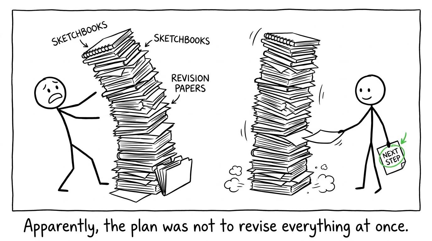 A giant revision pile becoming manageable after choosing one next step