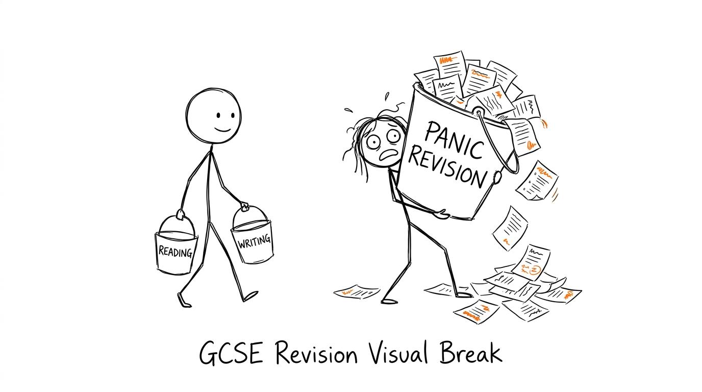 One student balances reading and writing while another spills a bucket of panic revision