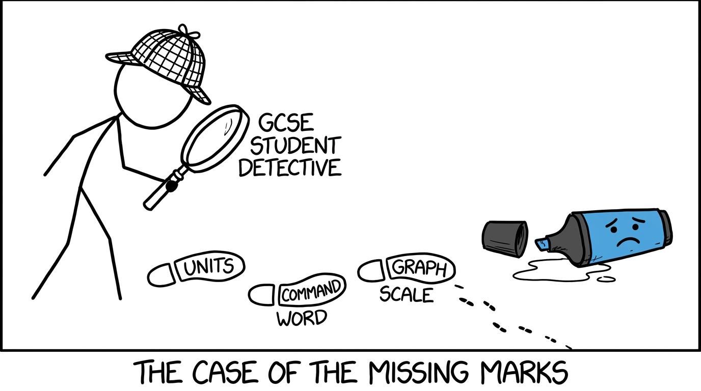 A student detective investigates units, command words and graph scales in the case of the missing marks