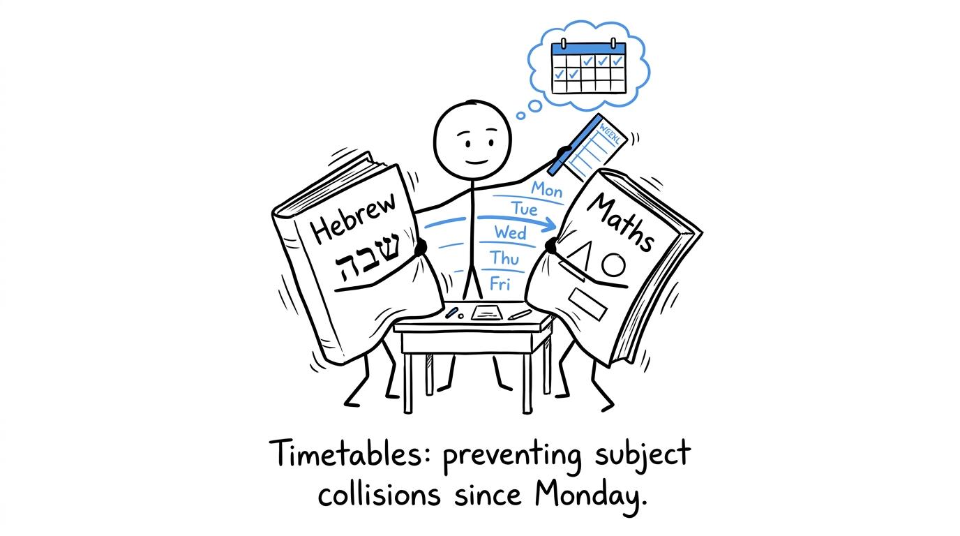 A weekly planner directing Hebrew and maths books around a tiny desk