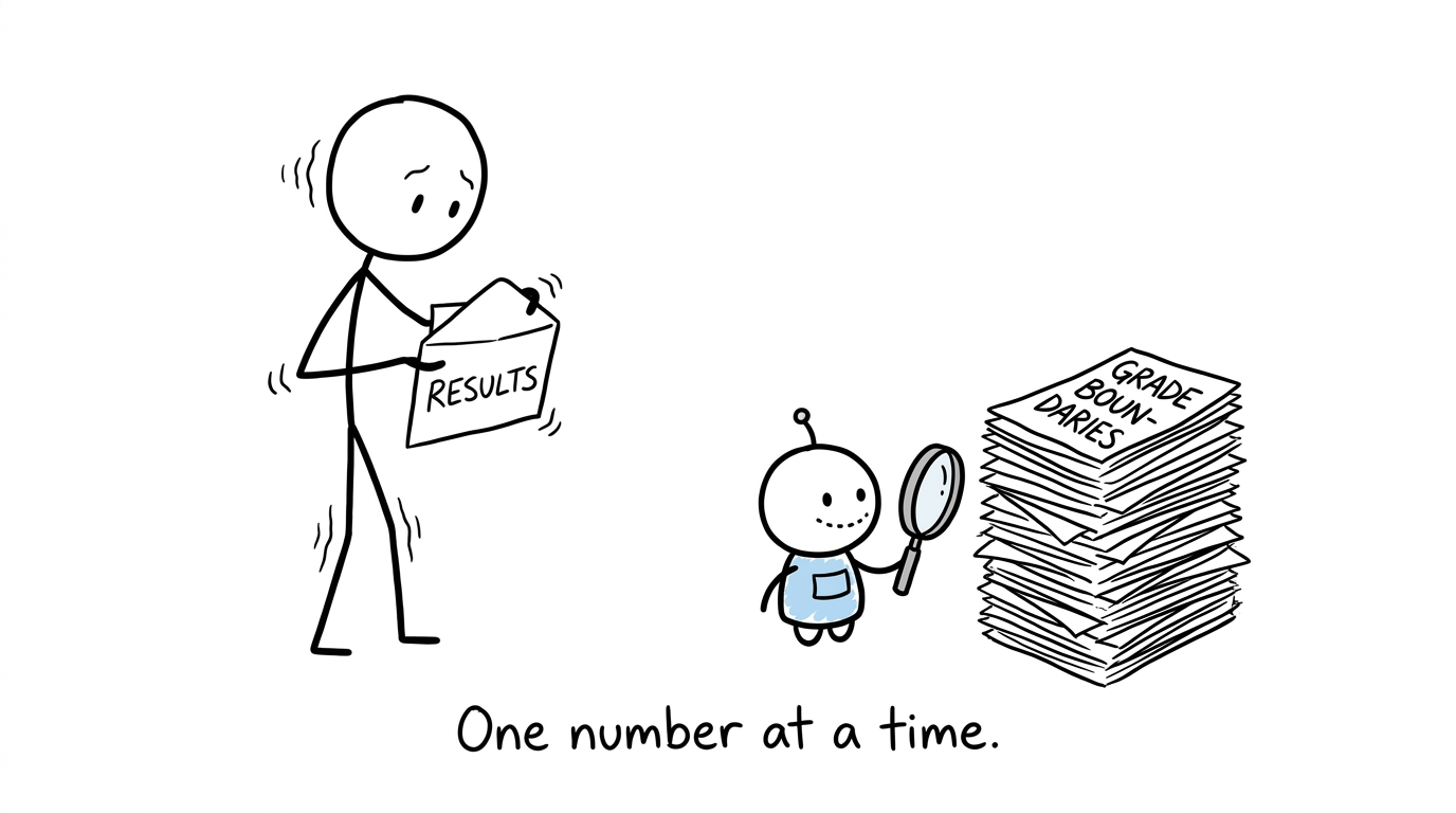 A student and a robot calmly inspect a GCSE results envelope