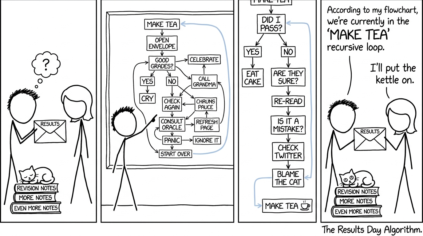 Student and parent facing a results envelope beside an overcomplicated flowchart