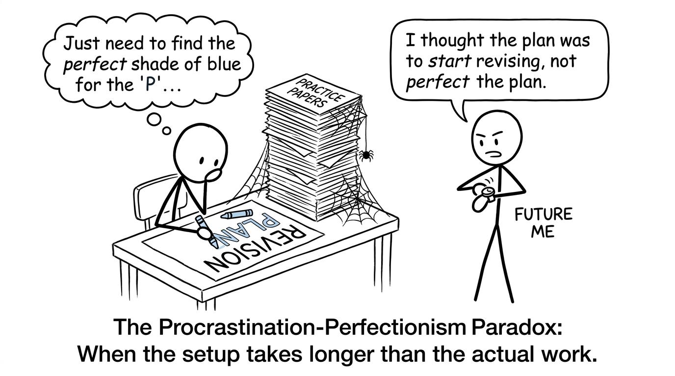 A student perfects a revision-plan heading while practice papers wait