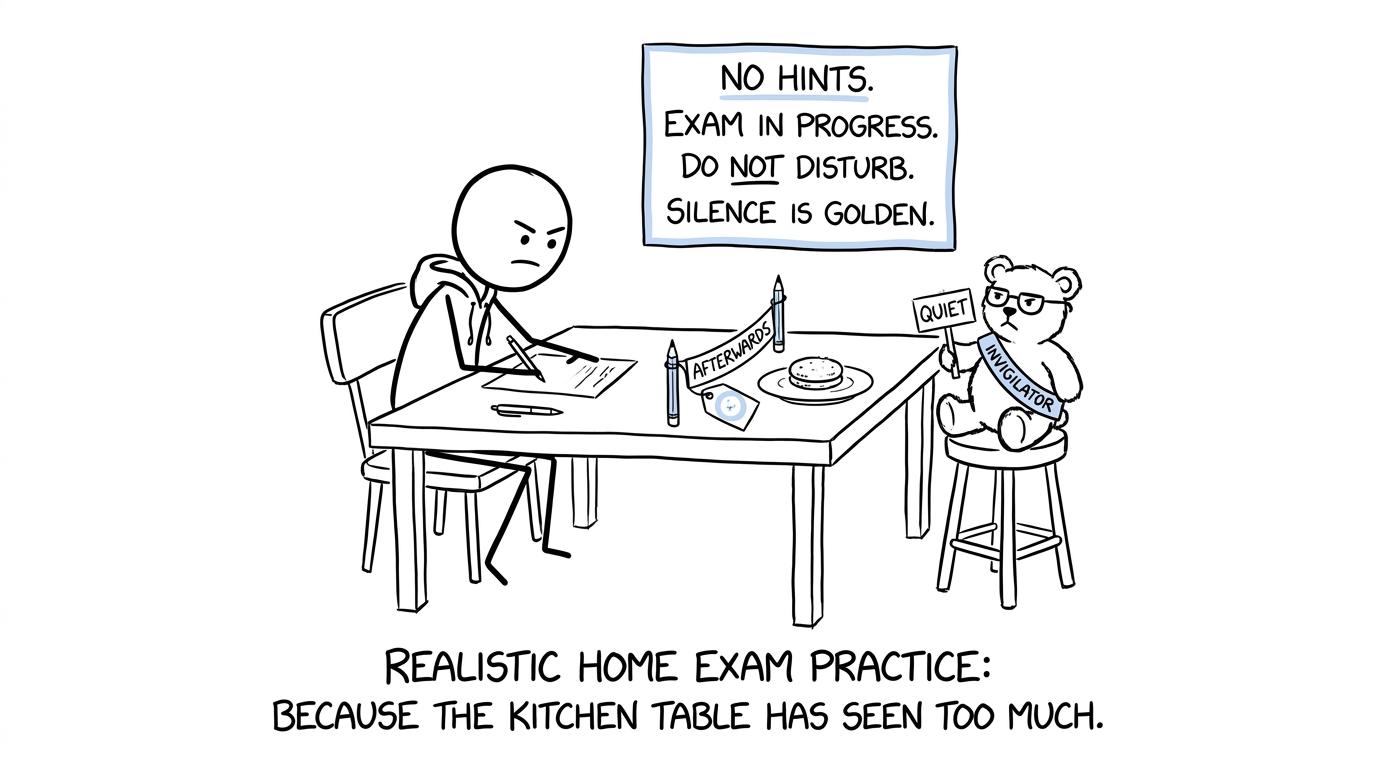A student turns a kitchen table into a serious home exam hall
