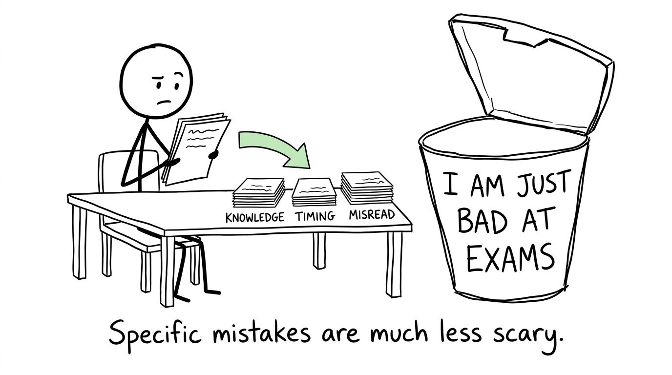 A student sorts specific errors while leaving the dramatic self-criticism bin empty